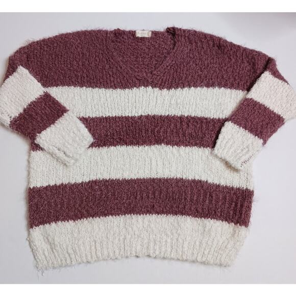 Dreamers Striped Fuzzy Pullover Sweater, Plum & Ivory Soft Cozy Knit V-Neck S/M - Picture 4 of 5